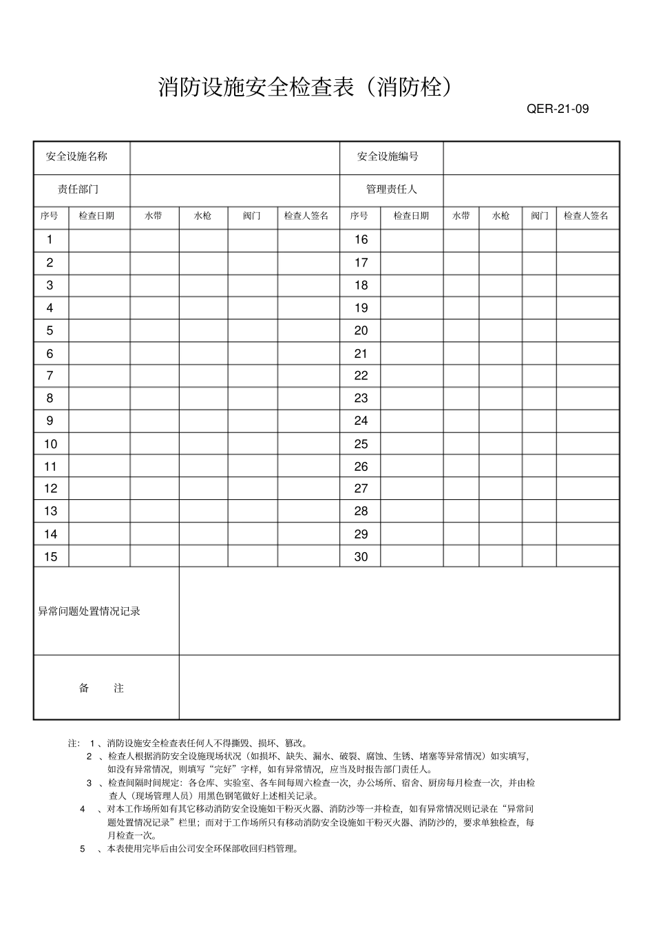 消防设施安全检查表消防栓_第1页