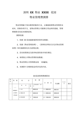 深圳XX花园物业管理费测算