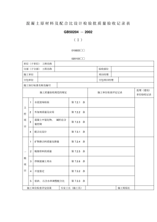 混凝土原材料及配合比设计检验批质量验收记录表表格模板、格式