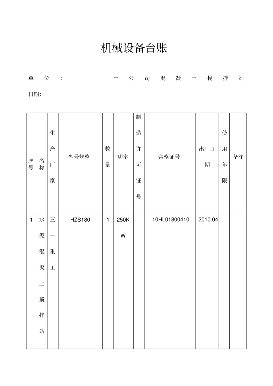 混凝土搅拌站机械设备台账_第1页