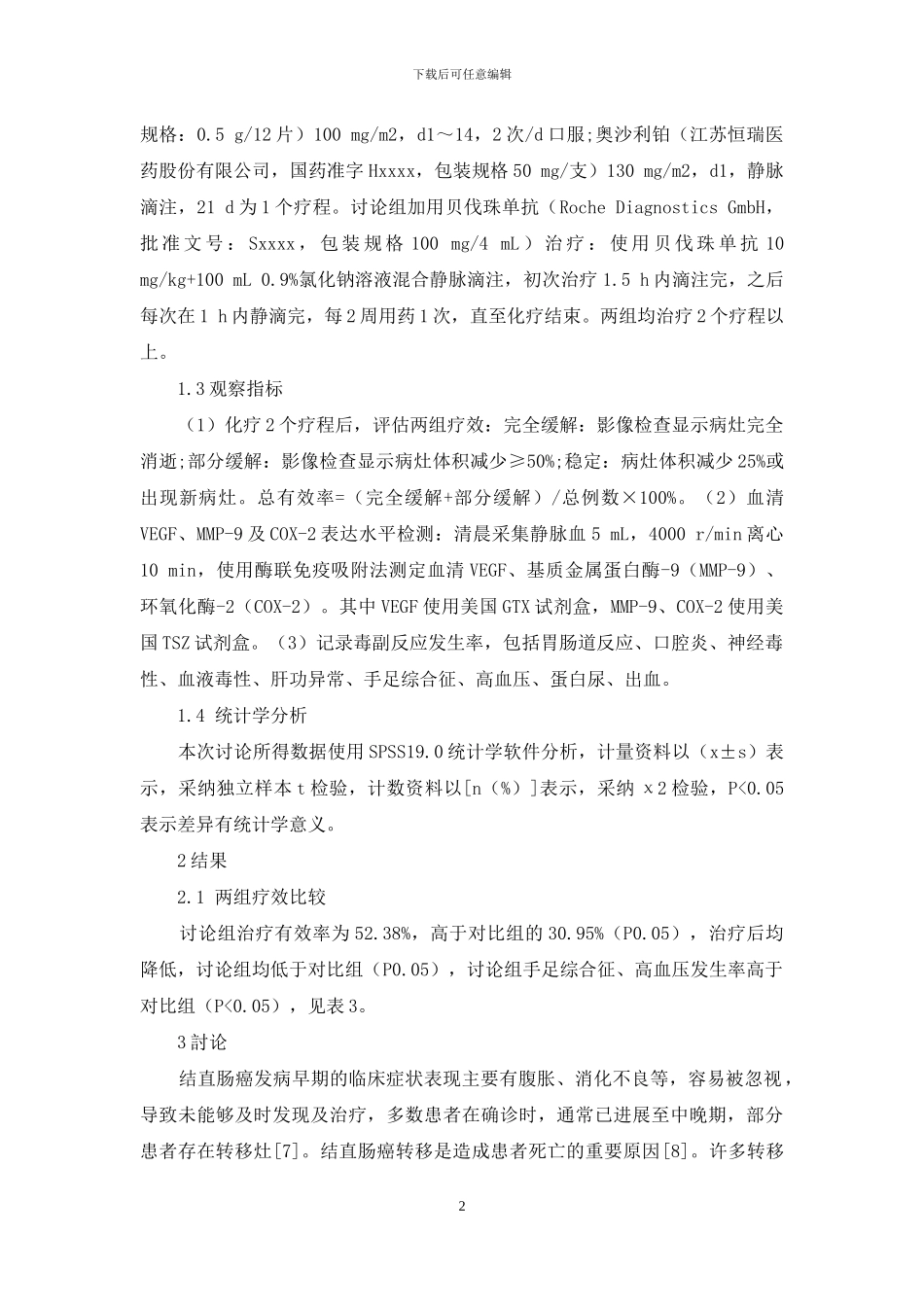 贝伐珠单抗联合化疗治疗转移性结直肠癌的疗效及对患者血清VEGF、MMP-9及COX-2表达的影响_第2页