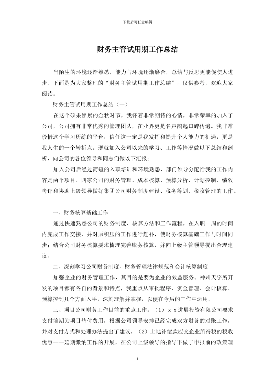 财务主管试用期工作总结_第1页