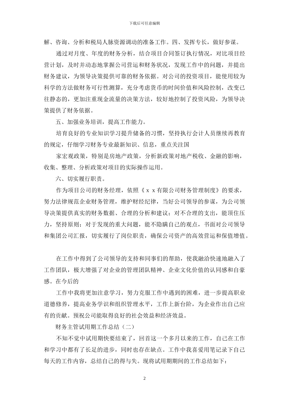 财务主管试用期工作总结_第2页