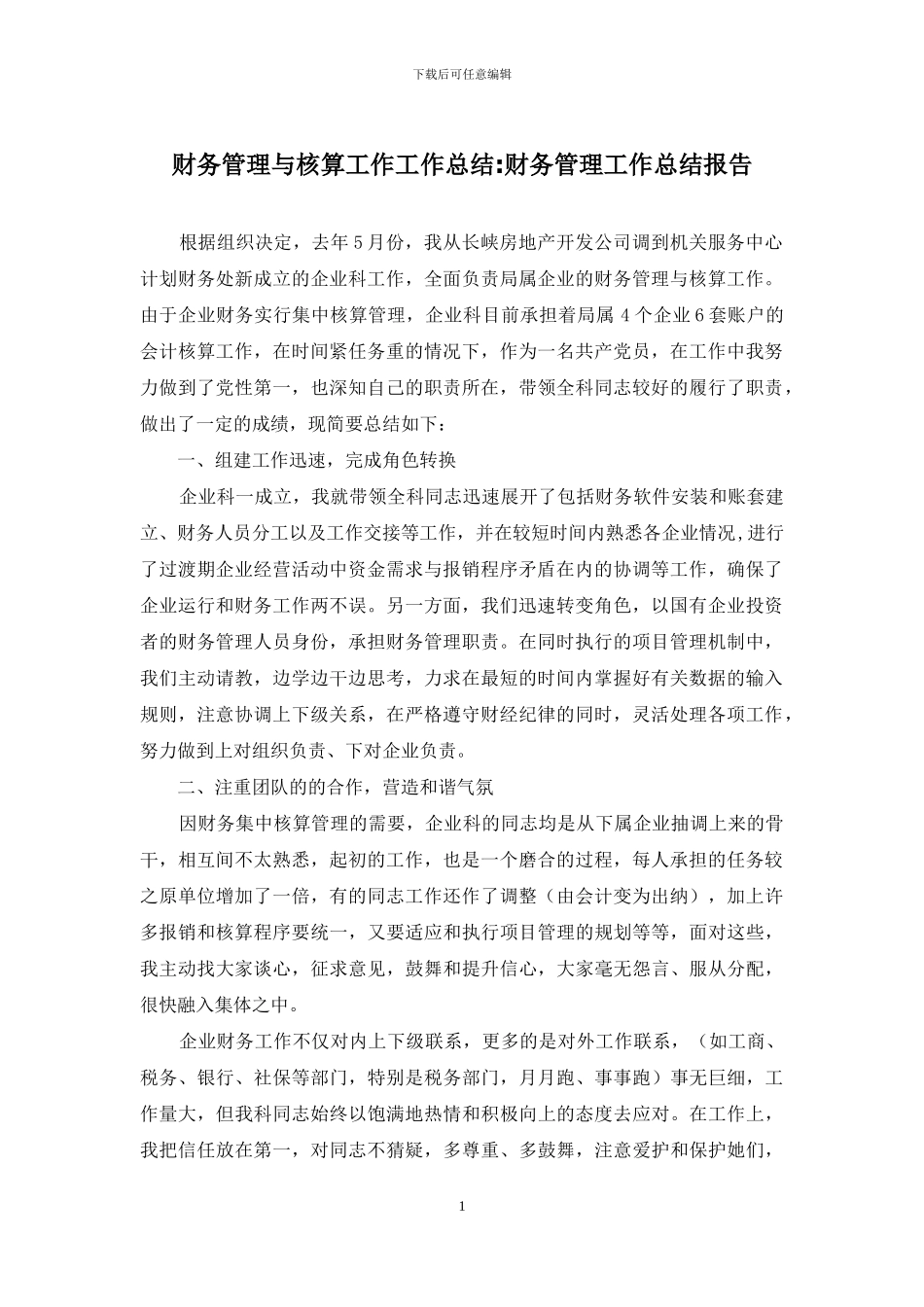 财务管理与核算工作工作总结-财务管理工作总结报告_第1页