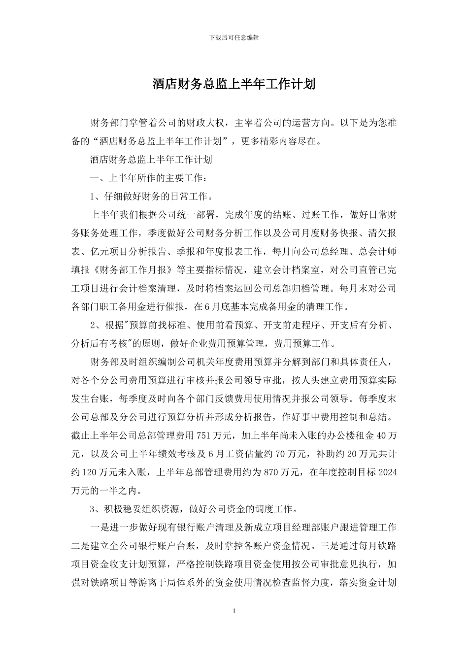 酒店财务总监上半年工作计划_第1页
