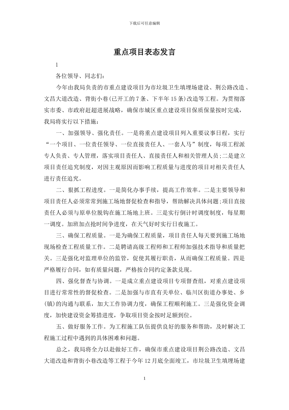 重点项目表态发言_第1页