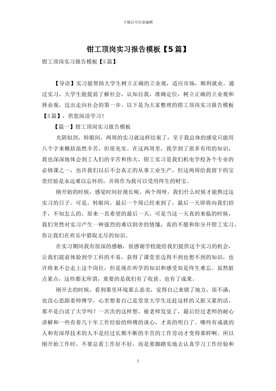 钳工顶岗实习报告模板_第1页