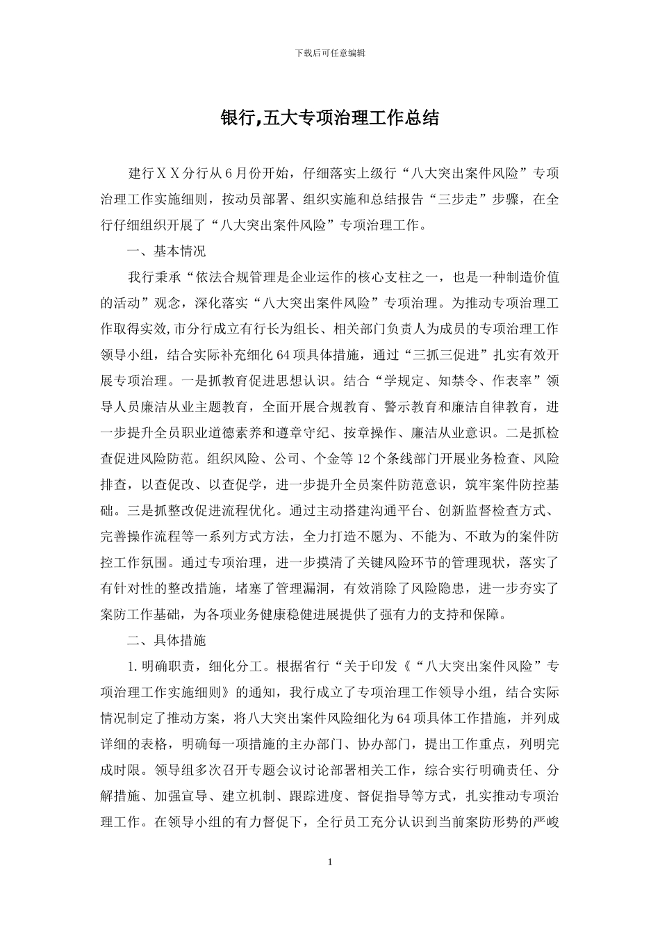 银行-五大专项治理工作总结_第1页