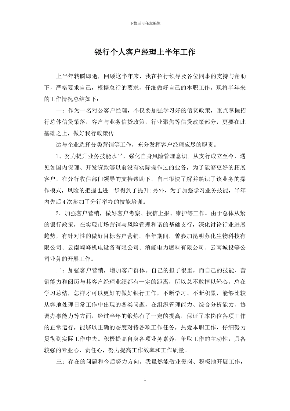 银行个人客户经理上半年工作_第1页