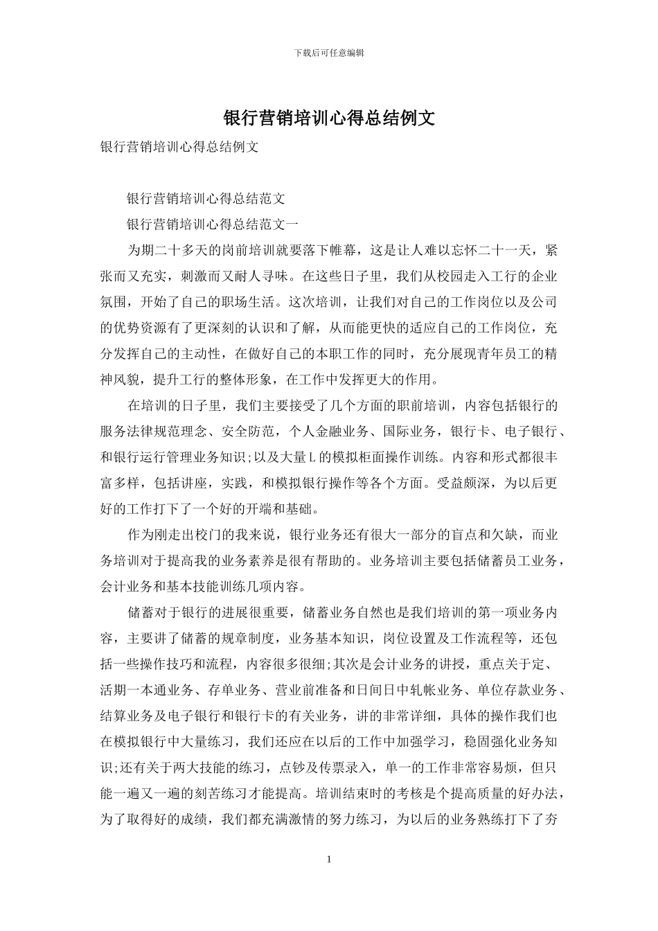 银行营销培训心得总结例文_第1页