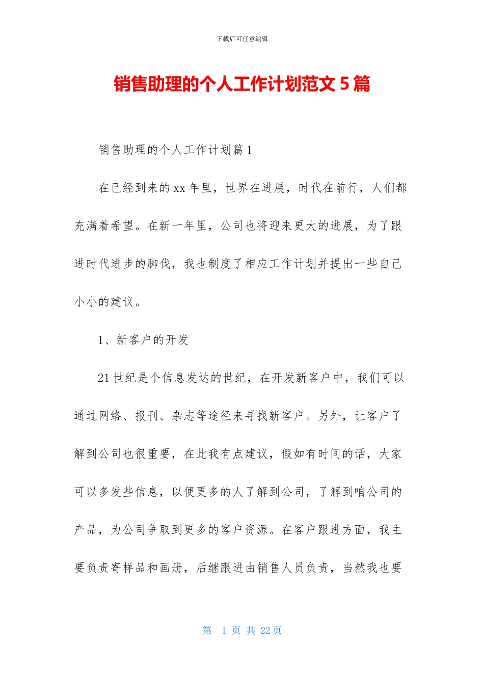 销售助理的个人工作计划范文5篇_第1页