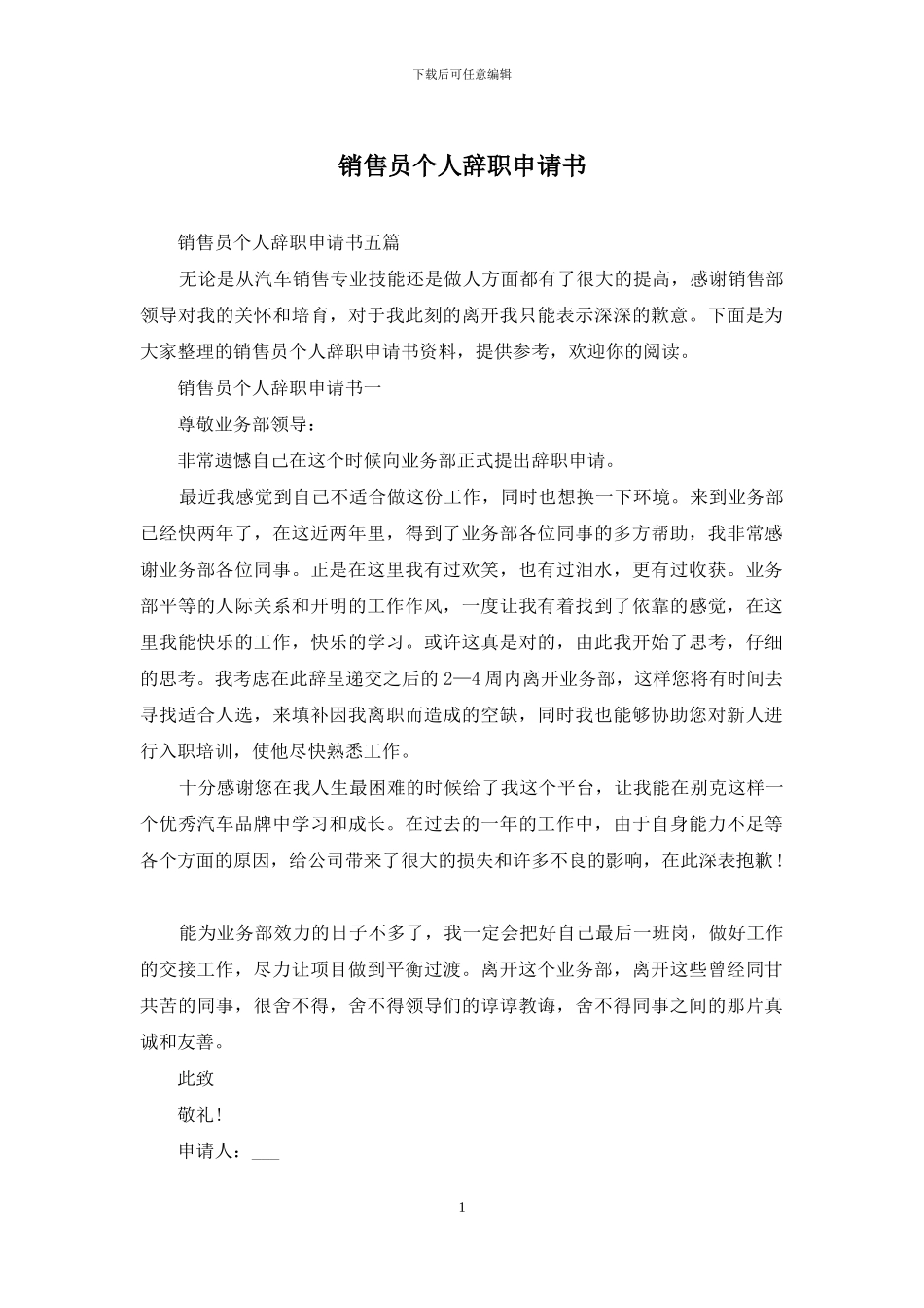 销售员个人辞职申请书_第1页