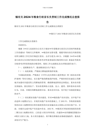 镇有关2024年粮食行政首长负责制工作完成情况自查报告