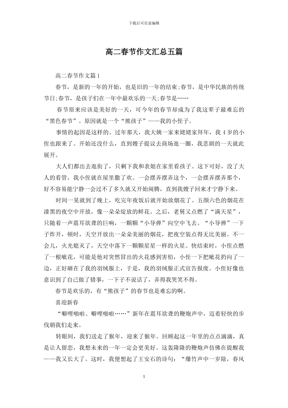 高二春节作文汇总五篇_第1页