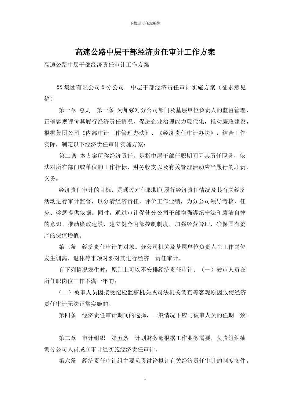 高速公路中层干部经济责任审计工作方案_第1页