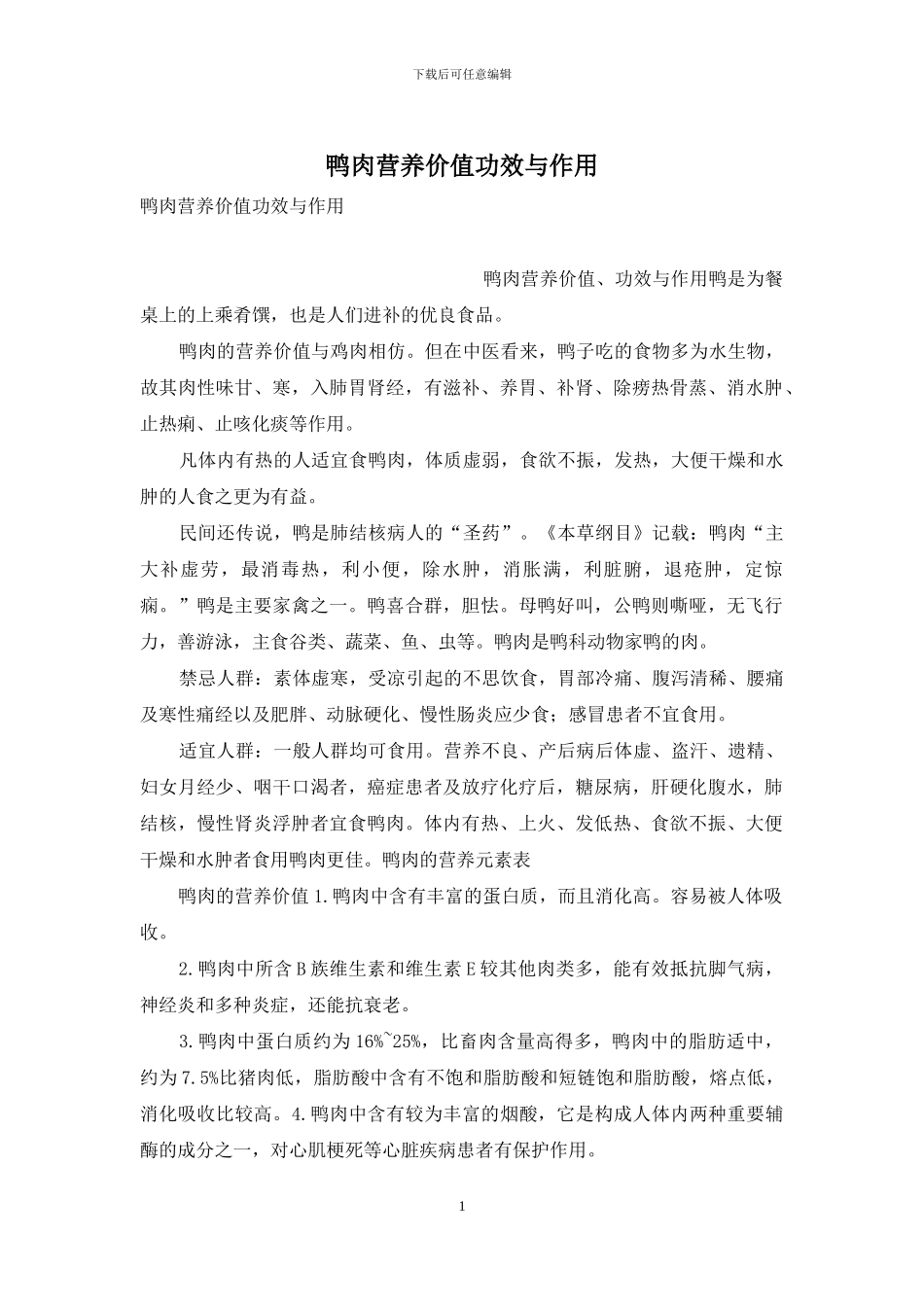 鸭肉营养价值功效与作用_第1页