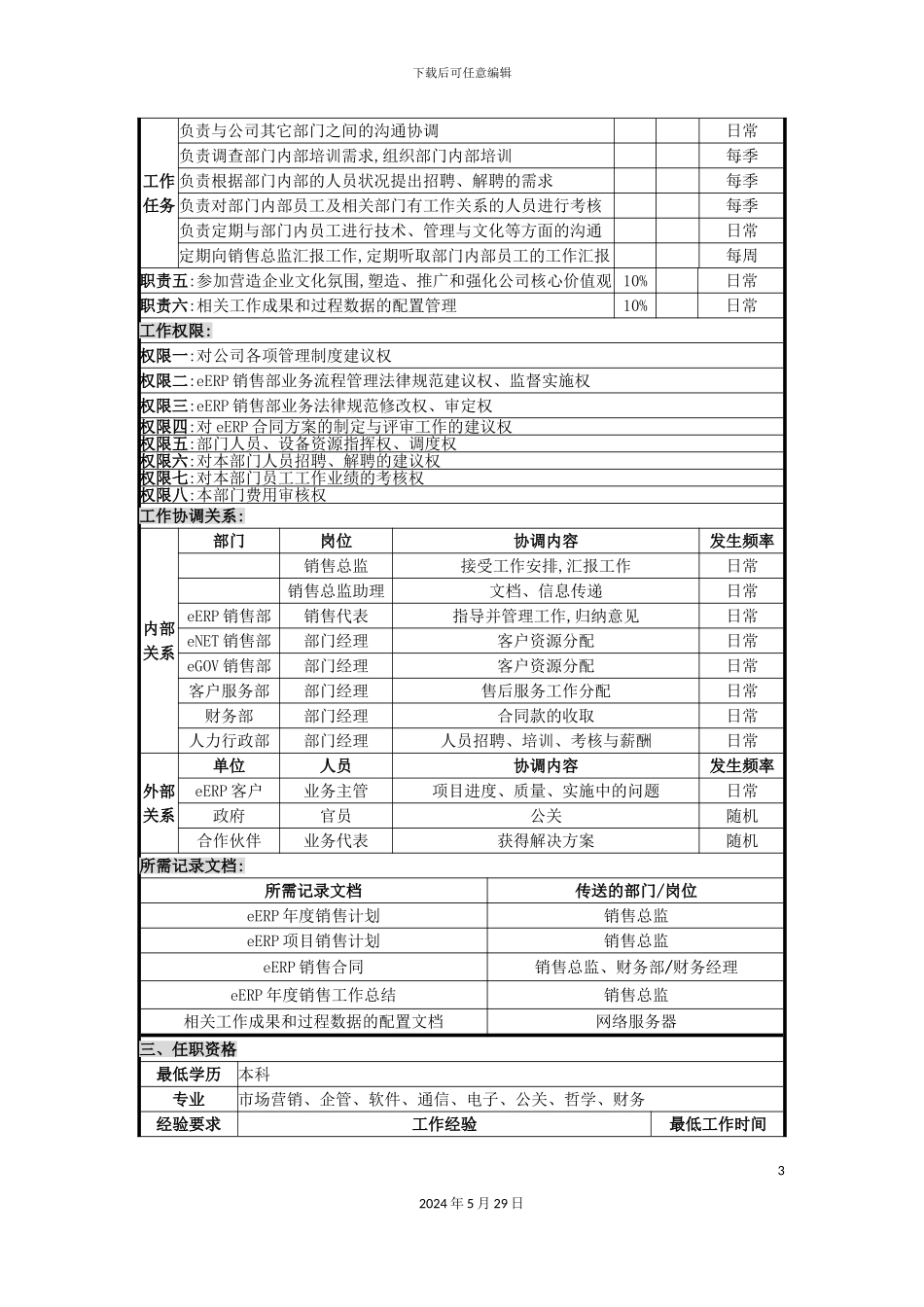 eERP销售部经理职位说明书_第3页
