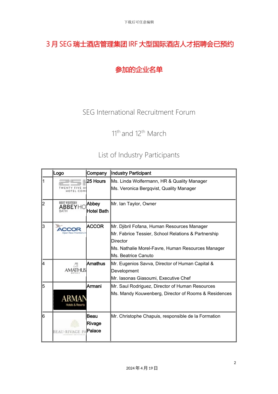 SEG瑞士酒店管理教育集团国际招聘会IRF与会企业名单_第2页