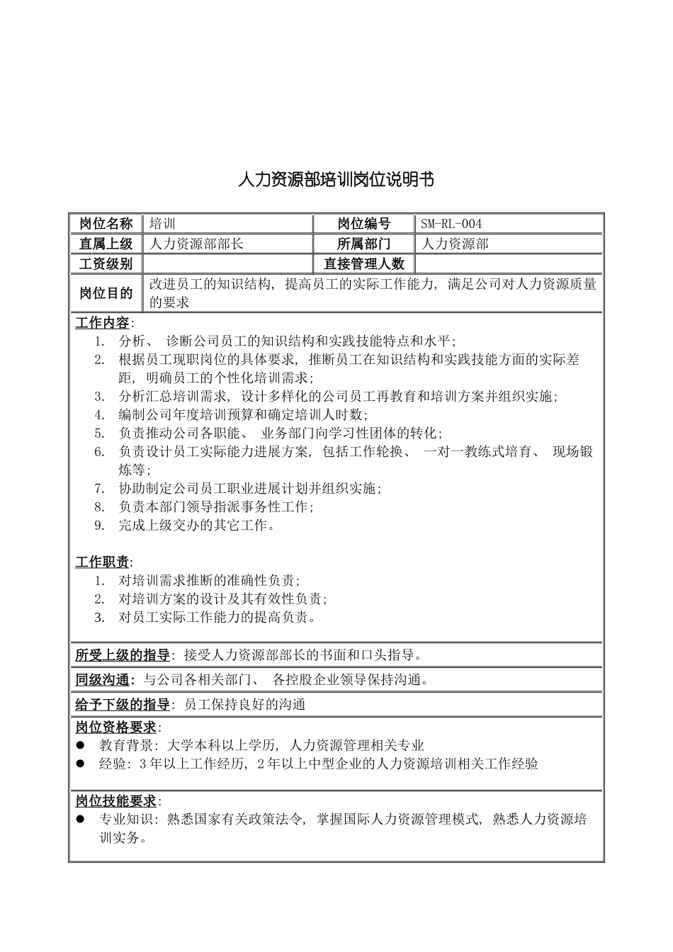 三木集团人力资源部培训岗位说明书_第2页
