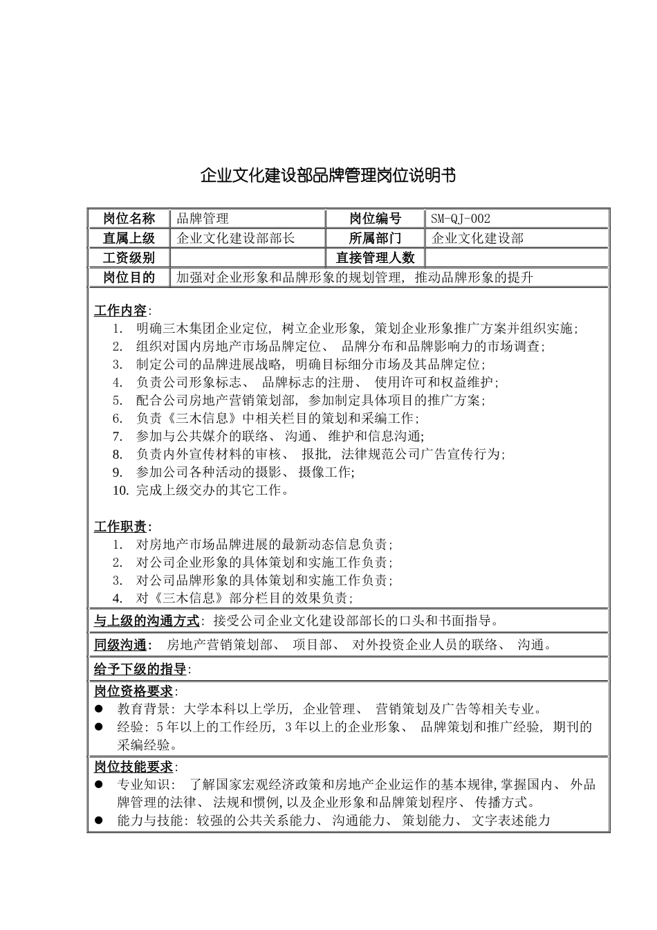 三木集团企业文化建设部品牌管理岗位说明书_第3页