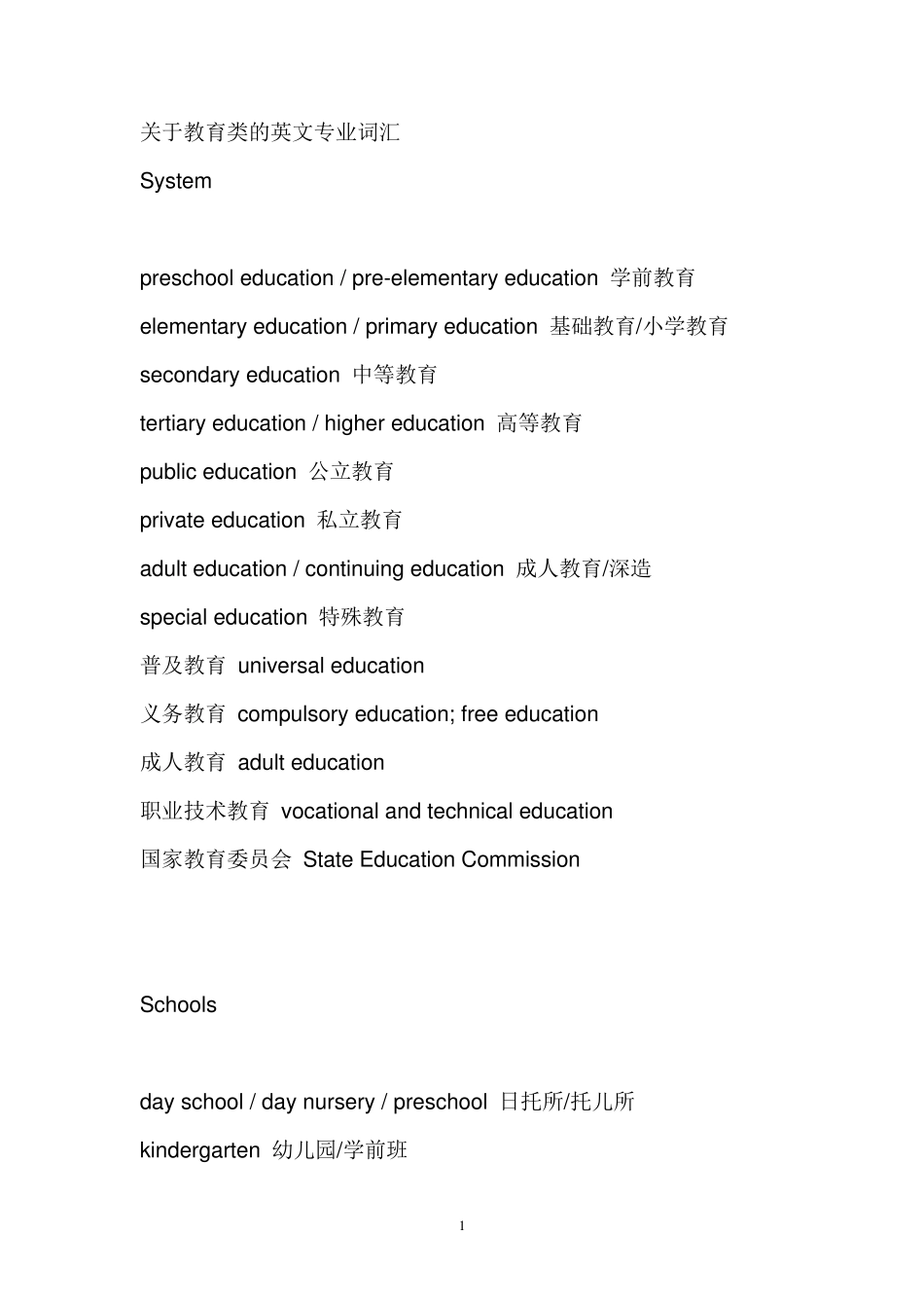 关于教育类的英文专业词汇_第1页