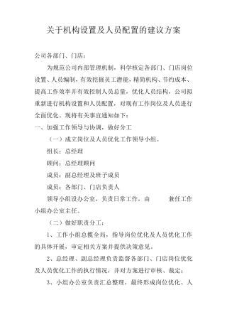 关于机构设置及人员配置的建议方案