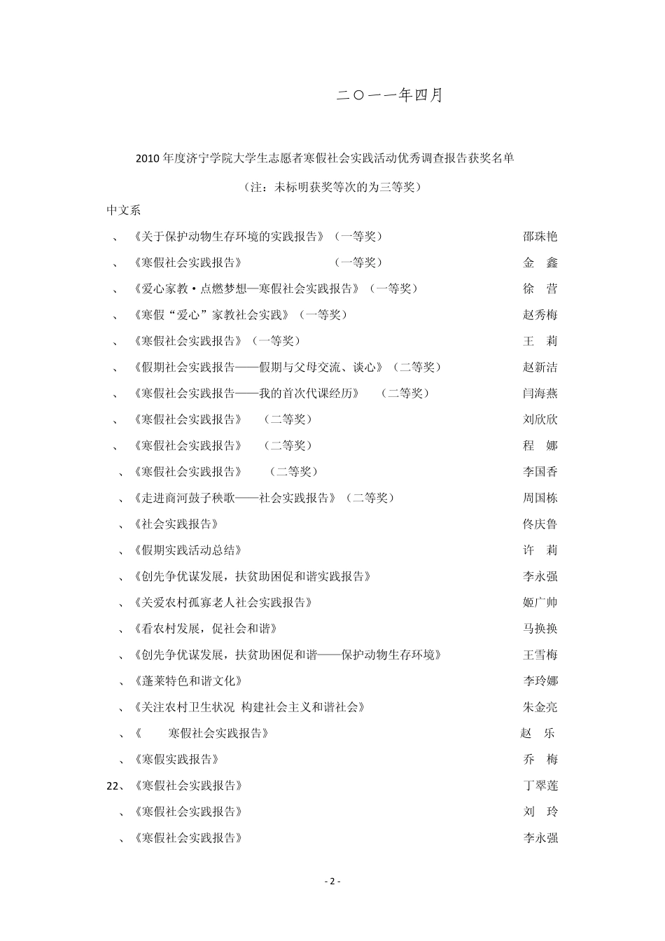 关于表彰2011年大学生寒假社会实践活动优秀调查报告的决定_第2页