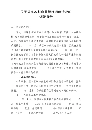 关于颍东农村商业银行组建情况的调研报告