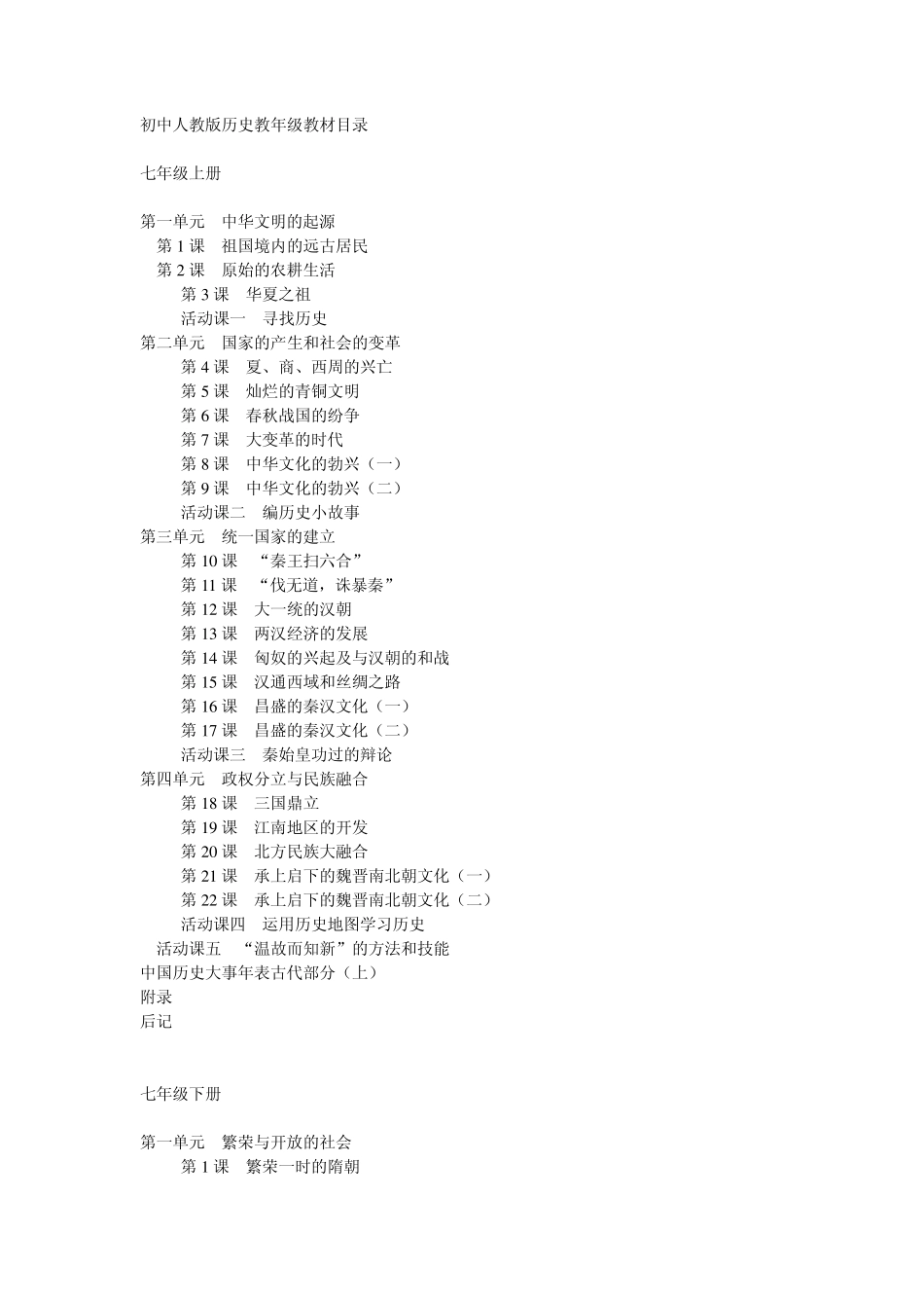初中人教版历史教年级教材目录_第1页