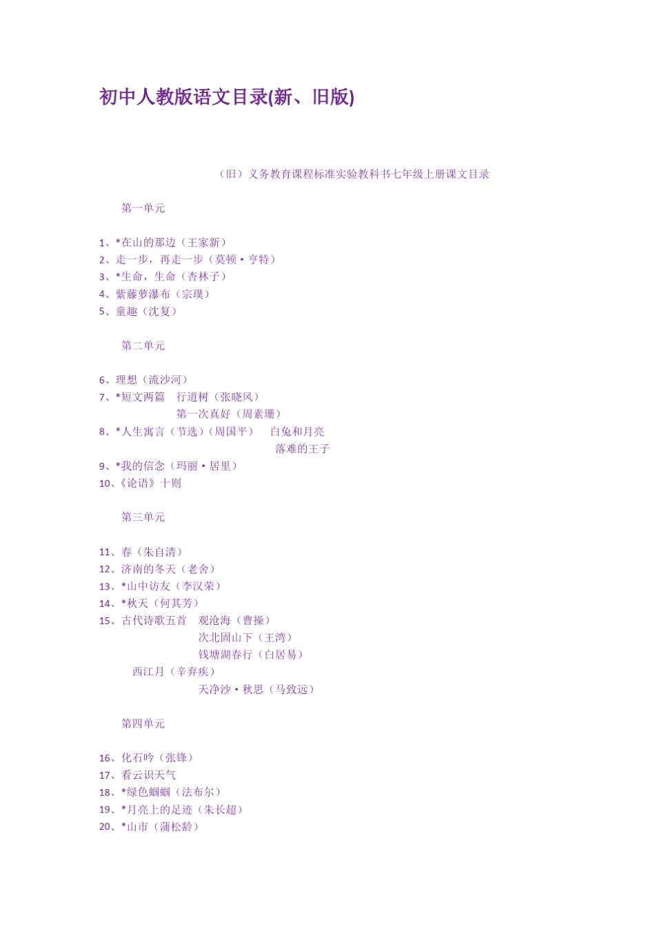 初中人教版语文目录新旧版_第1页