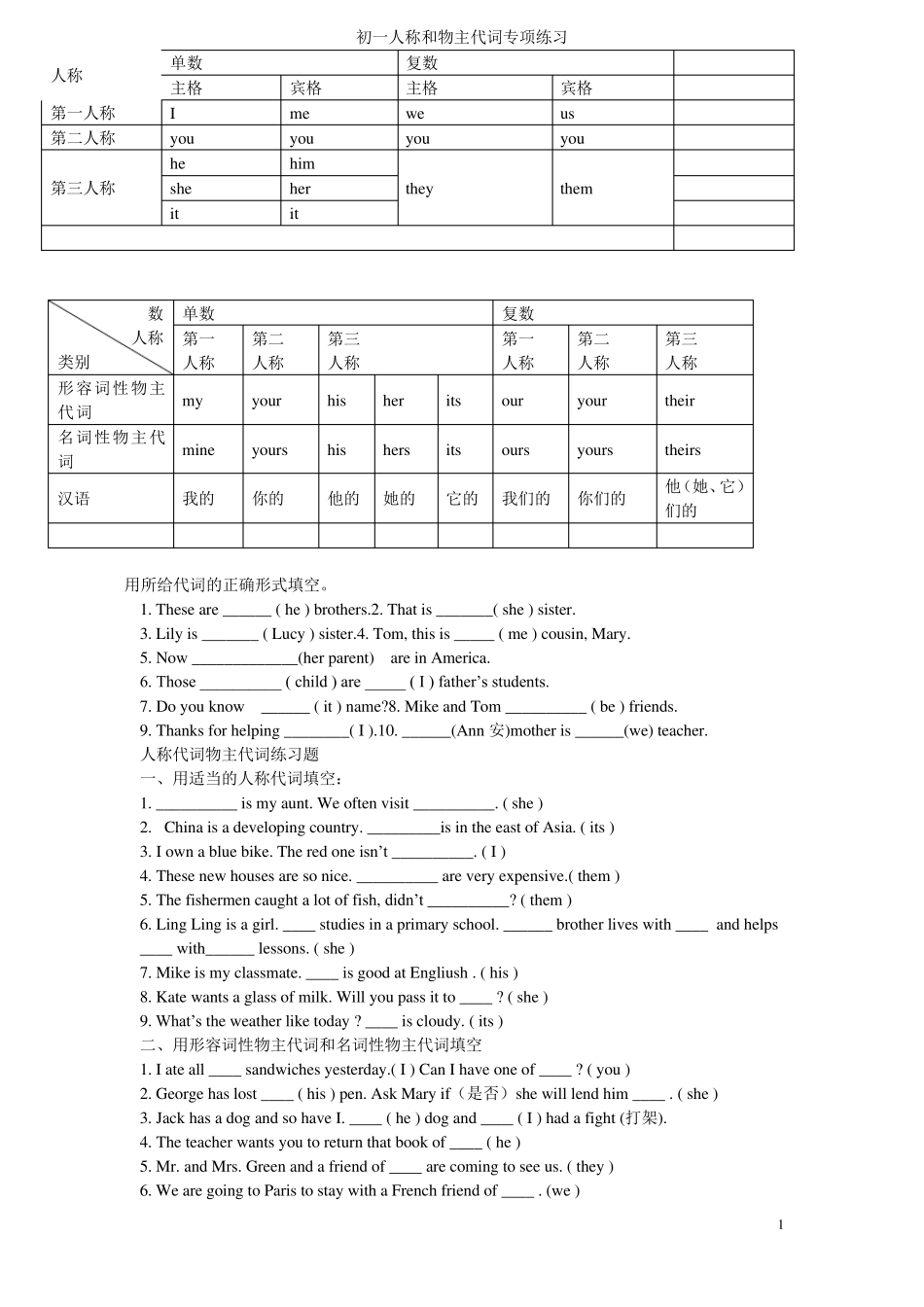 初中代词专项练习_第1页