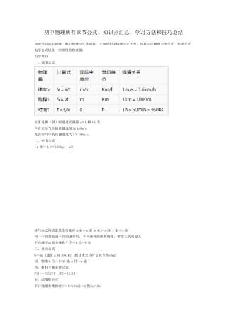 初中物理所有章节公式、知识点汇总,学习方法和技巧总结