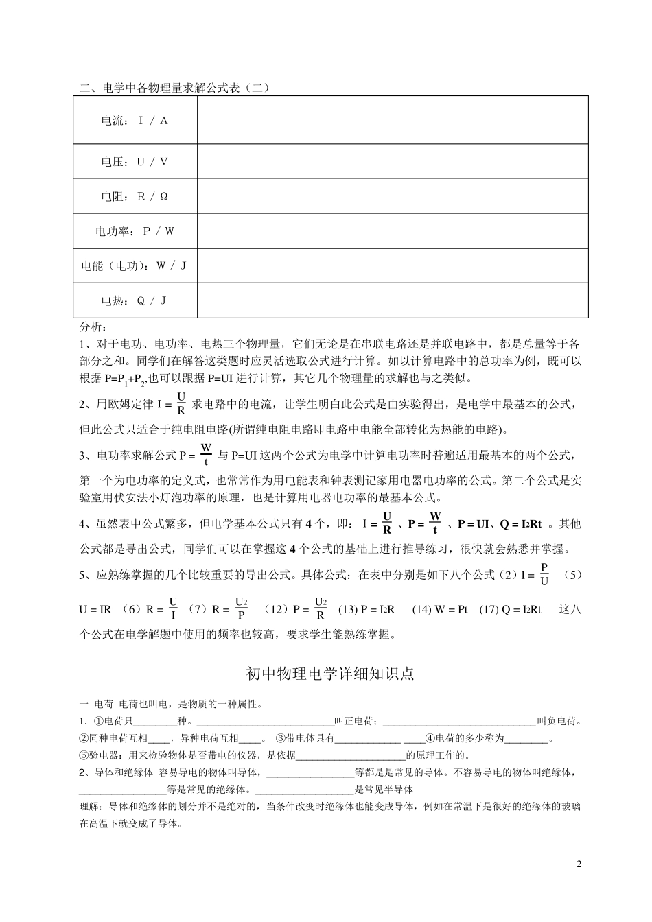 初中物理电学知识点总结(填空版)_第2页