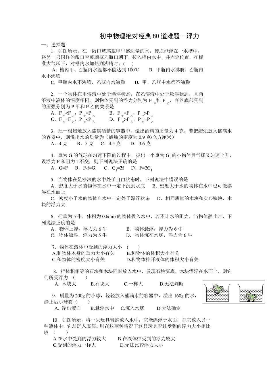 初中物理绝对经典80道难题浮力_第1页