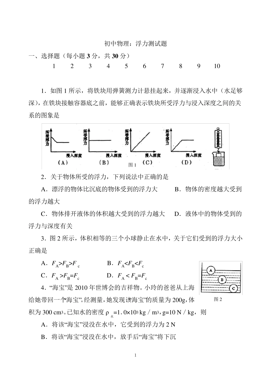 初中物理：浮力测试题_第1页