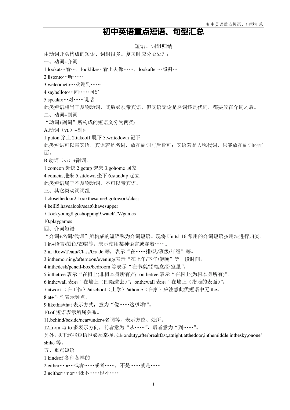 初中英语重点短语和句型_第1页