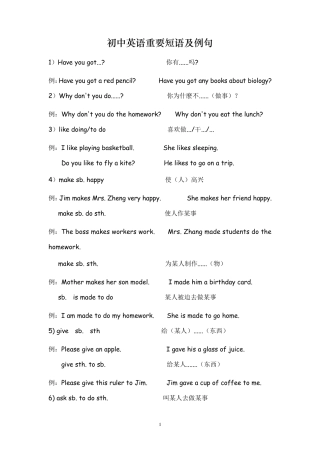 初中英语重要短语及例句
