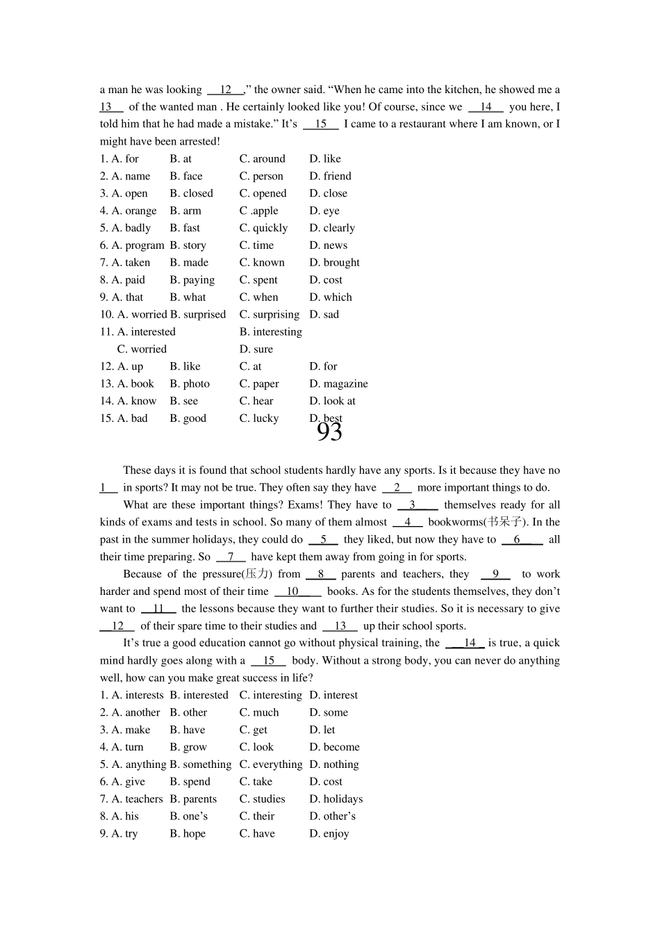 初中英语阅读完形填空100篇附答案详解_第2页