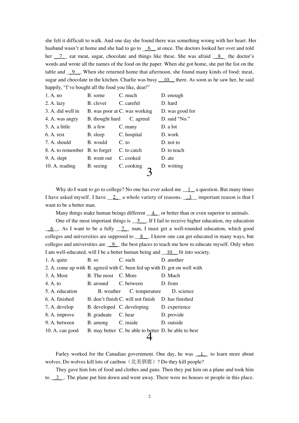 初中英语阅读完形填空10篇及答案_第2页