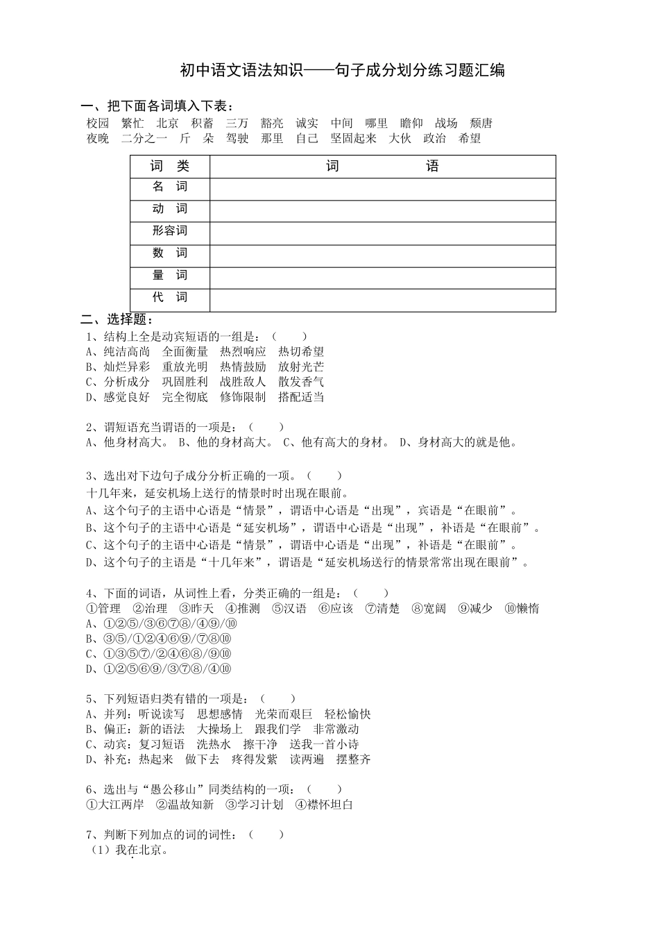 初中语文句子成分练习题汇编_第1页