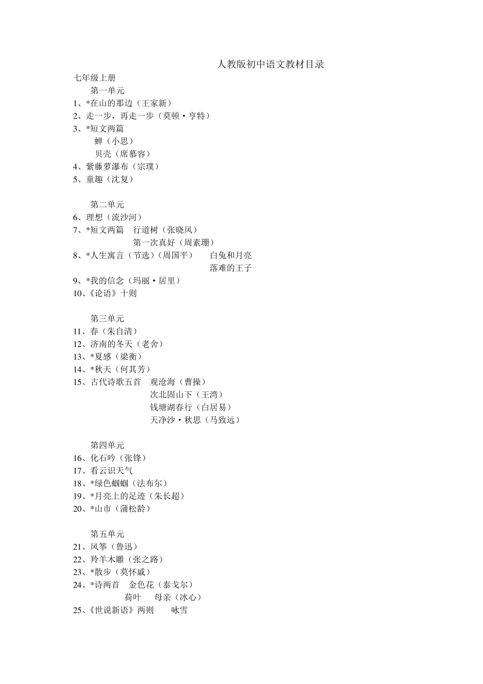 初中语文教材目录(人教版旧版)_第1页