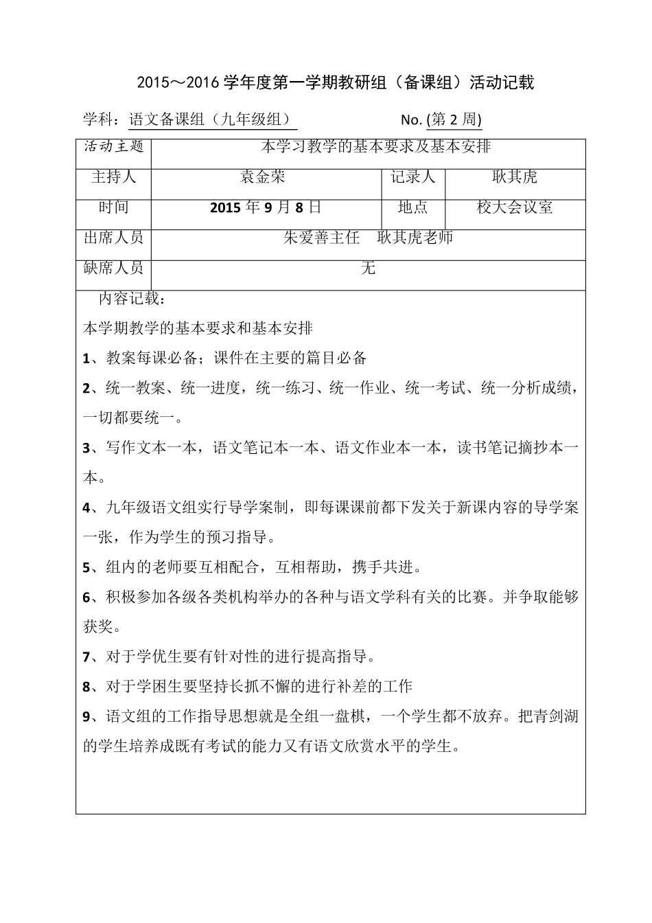 初中语文组集体备课活动记录_第1页