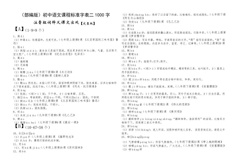 初中语文课程标准字表二1000字注音组词释义课文出处B4打印_第1页