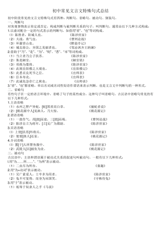 初中阶段常见的文言文特殊句式有四种：判断句、省略句、被动句、倒装句。