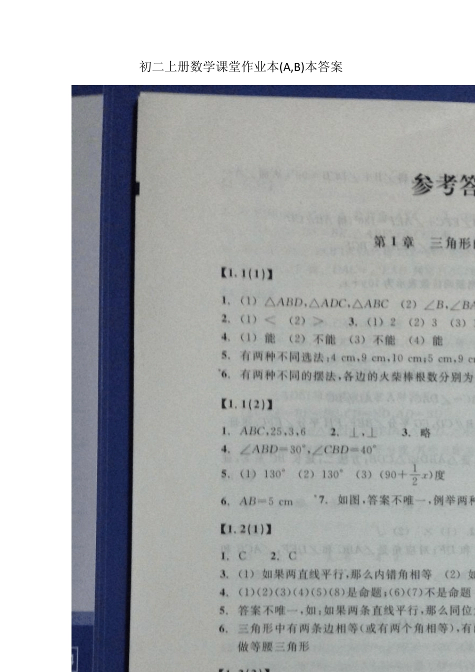 初二上册数学课堂作业本(A,B)本答案_第1页