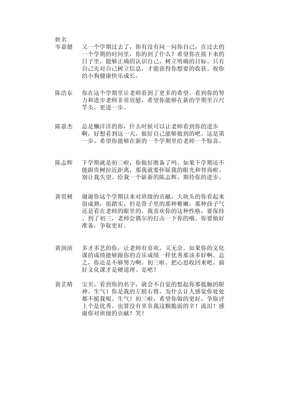 初二下学期学生评语_第1页