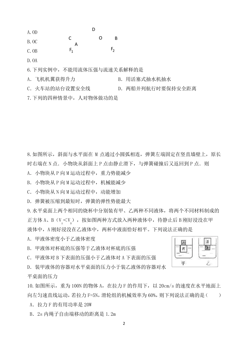 初二下学期物理期末考试题_第2页