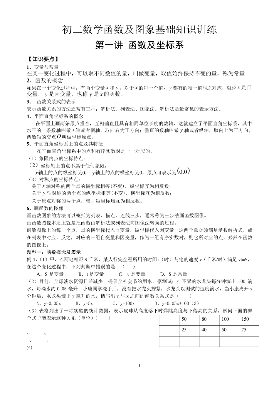 初二数学——函数及图象基础知识训练_第1页