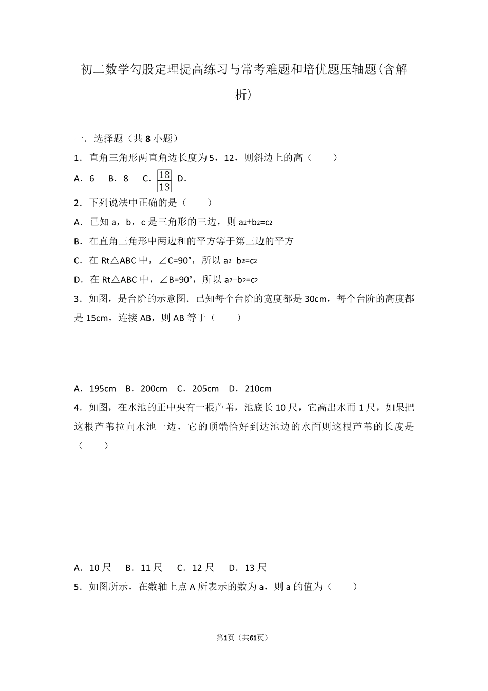 初二数学勾股定理提高练习与常考难题和培优题压轴题(含解析)_第1页