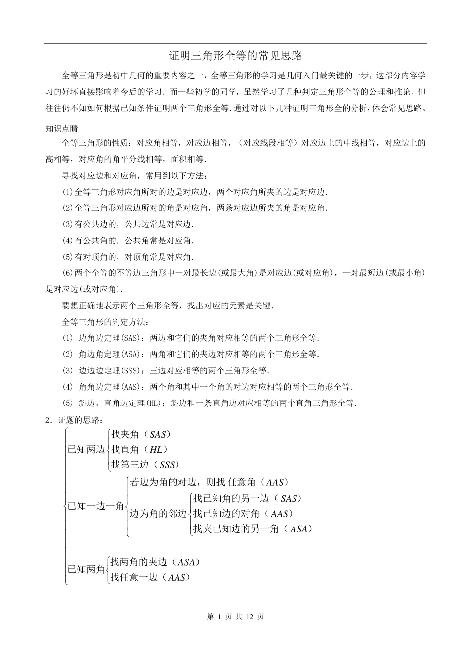 初二数学第一单元全等三角形证明基本思路_第1页